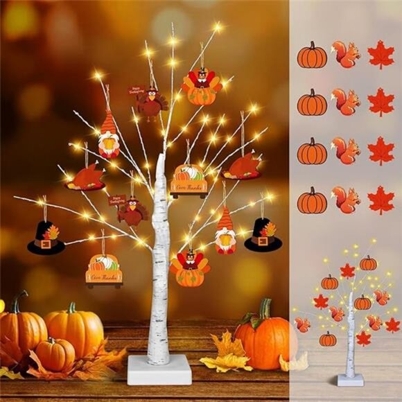 [Timer] Thanksgiving Birch Tree Lights, 24" Lighted Birch Tree with 24 PCS Fall - Picture 7 of 7